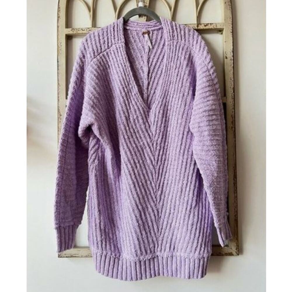 Free People Oversized Sweater Sunset V Neck Ribbed Pullover Lavender Purple Sz S